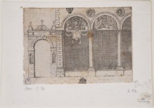 Portico vicino al Palazzo Arcivescovile (da Descrittione degli apparati fatti in Bologna per la venuta di n. s. papa Clemente VIII, Bologna, Benacci, 1598)